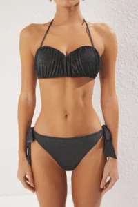 TRENDYOLMİLLA Anthracite Simli Drapeli Strapless Covered Regular Regular Waist Bikini Set - Image 3