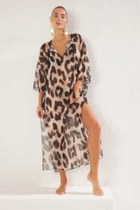 TRENDYOLMİLLA beachwear Leopard Patterned Weaving slit Maxi Dress