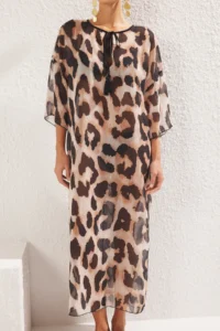 TRENDYOLMİLLA beachwear Leopard Patterned Weaving slit Maxi Dress - Image 3