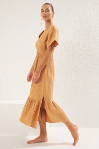 TRENDYOLMİLLA Beige Weaving Shirred Maxi Beach Dress - Image 2
