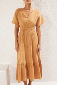 TRENDYOLMİLLA Beige Weaving Shirred Maxi Beach Dress - Image 4