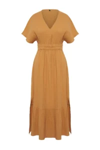 TRENDYOLMİLLA Beige Weaving Shirred Maxi Beach Dress - Image 6