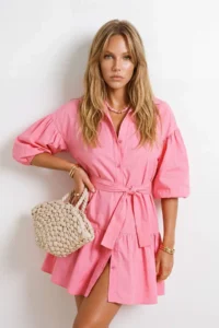 TRENDYOLMİLLA Pink Weaving Belted 100% Cotton Beach Mini Dress