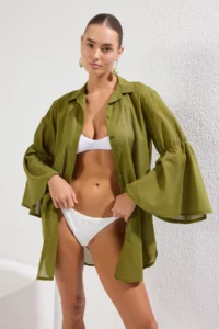 TRENDYOLMİLLA Khaki Weaving 100% Cotton Beach Mini Dress