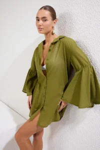 TRENDYOLMİLLA Khaki Weaving 100% Cotton Beach Mini Dress - Image 2