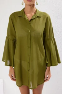 TRENDYOLMİLLA Khaki Weaving 100% Cotton Beach Mini Dress - Image 3