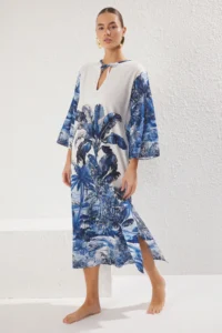 TRENDYOLMİLLA Tropical Patterned Weaving 100% Cotton Maxi Beach Dress