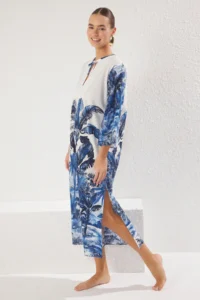 TRENDYOLMİLLA Tropical Patterned Weaving 100% Cotton Maxi Beach Dress - Image 2