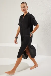 TRENDYOLMİLLA Black Weaving slit 100% Cotton Beach Midi Dress