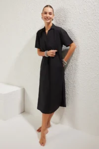 TRENDYOLMİLLA Black Weaving slit 100% Cotton Beach Midi Dress - Image 2