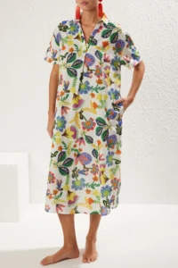 TRENDYOLMİLLA flower patterned Weaving slit 100% Cotton Beach Midi Dress - Image 3