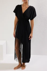 TRENDYOLMİLLA Black Weaving Tassel Maxi Beach Dress - Image 3