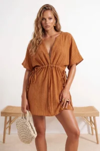 TRENDYOLMİLLA Brick Red Weaving Shirred Beach Mini Dress - Image 3