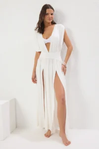 TRENDYOLMİLLA Ecru Weaving slit Maxi Beach Dress