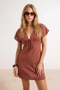 TRENDYOLMİLLA Brown Weaving Binding Detailed Beach Mini Dress - Image 2