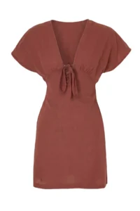 TRENDYOLMİLLA Brown Weaving Binding Detailed Beach Mini Dress - Image 4