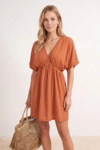 TRENDYOLMİLLA Brick Red Weaving Low-cut back Beach Mini Dress - Image 2
