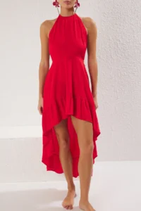 TRENDYOLMİLLA Red Weaving with flywheel Beach Mini Dress - Image 3