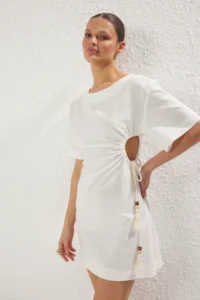 TRENDYOLMİLLA Ecru Weaving Cut Out Detailed Beach Mini Dress - Image 4