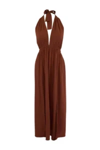 TRENDYOLMİLLA Brown Weaving Low-cut back Maxi Beach Dress - Image 4