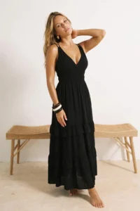TRENDYOLMİLLA Black Weaving Shirred Maxi Beach Dress