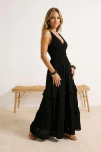 TRENDYOLMİLLA Black Weaving Shirred Maxi Beach Dress - Image 2