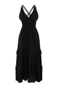 TRENDYOLMİLLA Black Weaving Shirred Maxi Beach Dress - Image 4