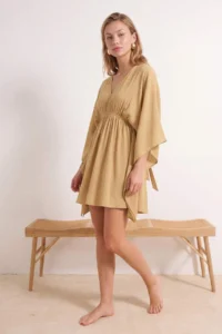 TRENDYOLMİLLA Light Khaki Weaving Shirred 100% Cotton Beach Mini Dress - Image 2