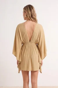 TRENDYOLMİLLA Light Khaki Weaving Shirred 100% Cotton Beach Mini Dress - Image 3