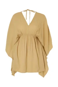 TRENDYOLMİLLA Light Khaki Weaving Shirred 100% Cotton Beach Mini Dress - Image 4