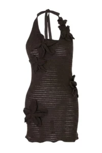 TRENDYOLMİLLA Brown Knitwear Floral Appliqued Beach Mini Dress - Image 4