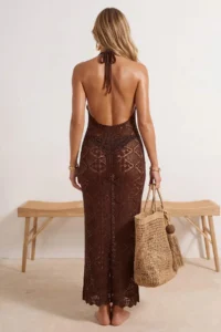TRENDYOLMİLLA Brown Knitwear Low-cut back Maxi Beach Dress - Image 2
