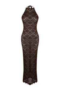 TRENDYOLMİLLA Brown Knitwear Low-cut back Maxi Beach Dress - Image 3