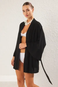 TRENDYOLMİLLA Black Weaving Beach Mini Belted Kimono&Kaftan - Image 2