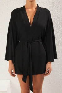TRENDYOLMİLLA Black Weaving Beach Mini Belted Kimono&Kaftan - Image 4