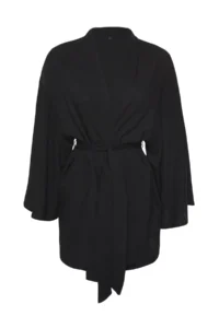 TRENDYOLMİLLA Black Weaving Beach Mini Belted Kimono&Kaftan - Image 6