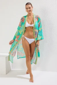 TRENDYOLMİLLA Su Six Patterned Weaving slit 100% Cotton Maxi Beach Belted Kimono&Kaftan