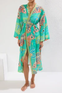 TRENDYOLMİLLA Su Six Patterned Weaving slit 100% Cotton Maxi Beach Belted Kimono&Kaftan - Image 3