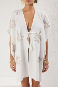 TRENDYOLMİLLA WHITE Weaving Embroidered Beach Mini Kimono&Kaftan - Image 3