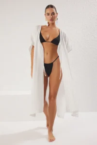 TRENDYOLMİLLA Ecru Weaving Low-cut back Midi Beach Kimono&Kaftan - Image 2