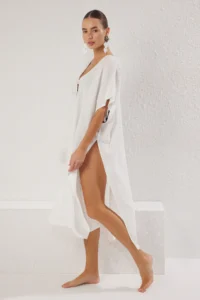 TRENDYOLMİLLA Ecru Weaving Low-cut back Midi Beach Kimono&Kaftan - Image 3