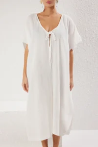 TRENDYOLMİLLA Ecru Weaving Low-cut back Midi Beach Kimono&Kaftan - Image 4