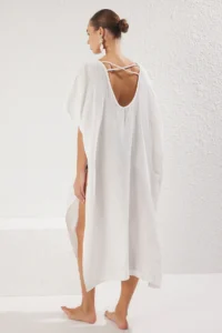 TRENDYOLMİLLA Ecru Weaving Low-cut back Midi Beach Kimono&Kaftan - Image 5