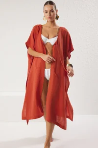 TRENDYOLMİLLA Brick Red Weaving Low-cut back Midi Beach Kimono&Kaftan - Image 2