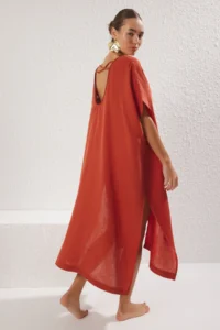 TRENDYOLMİLLA Brick Red Weaving Low-cut back Midi Beach Kimono&Kaftan - Image 3