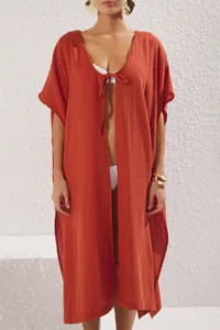 TRENDYOLMİLLA Brick Red Weaving Low-cut back Midi Beach Kimono&Kaftan - Image 4