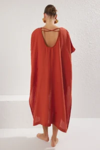 TRENDYOLMİLLA Brick Red Weaving Low-cut back Midi Beach Kimono&Kaftan - Image 5
