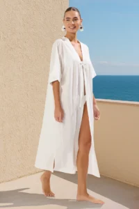 TRENDYOLMİLLA Ecru Weaving Maxi Beach Kimono&Kaftan