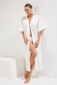 TRENDYOLMİLLA Ecru Weaving Maxi Beach Kimono&Kaftan - Image 2