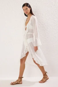 TRENDYOLMİLLA Ecru Weaving with flywheel Midi Beach Kimono&Kaftan - Image 2